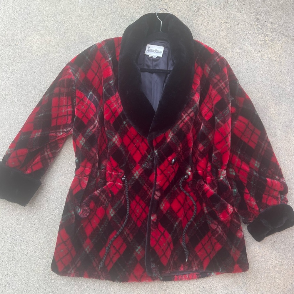 Neiman Marcus Red and Black Plaid Teddy Jacket